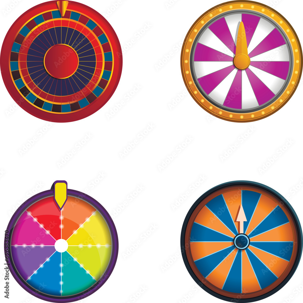 Wall mural lottery icons set cartoon vector. fortune wheel. raffle concept