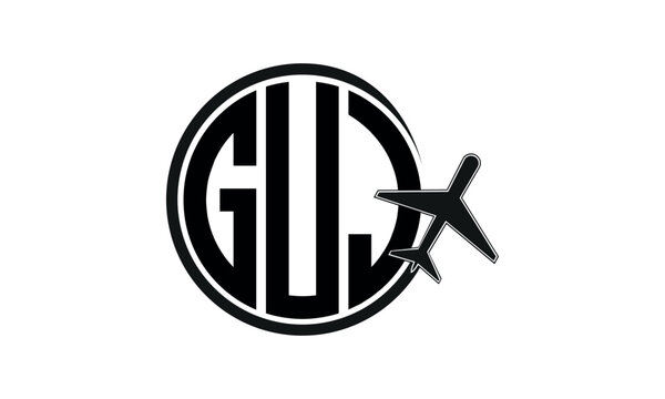 GUJ three initial letter circle tour & travel agency logo design vector template. hajj Umrah agency, abstract, wordmark, business, monogram, minimalist, brand, company, flat, tourism agency, tourist