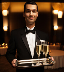 Young waiter with glasses of sparkling wine