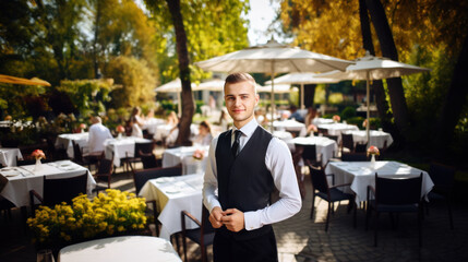 Young cheerful waiter on summer restaurant patio - obrazy, fototapety, plakaty