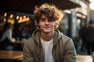 Fototapeta premium Generative AI portrait of young person sitting dreamy in aroma cafeteria enjoying morning coffee