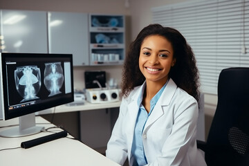 Orthopedic surgeon doctor examining patient joint x-ray bone scan in radiology orthopedic hospital Generative Ai - obrazy, fototapety, plakaty