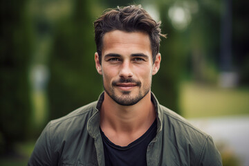 Generative AI portrait of attractive young man outdoors autumn landscape