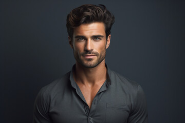 Fototapeta premium Generative AI portrait of young attractive hot model fashion appearance isolated on dark grey background
