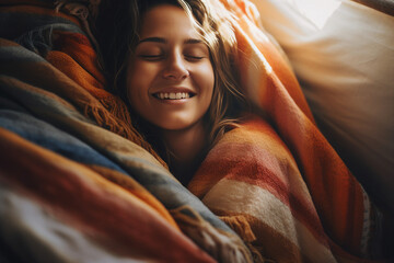 AI generated photography image of satisfied happy person enjoy wrapped in a warm blanket - obrazy, fototapety, plakaty