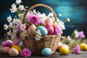 A basket filled with pastel-colored Easter eggs.