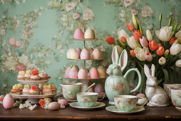 Fototapeta na wymiar A Charming Easter Tea Party with Vintage Teacups