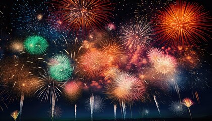 multiple colors fireworks, isolated on black night sky background