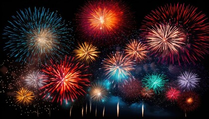 multiple colors fireworks, isolated on black night sky background
