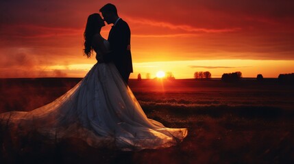 Fototapeta na wymiar A wedding couple embraced in a passionate kiss with a vibrant sunset casting warm tones across the sky and landscape
