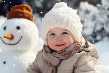 Happy children family making funny snowman outdoors spend weekend leisure outside Generative AI