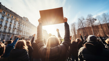 Protestors in the street with blank cardboard signs - obrazy, fototapety, plakaty