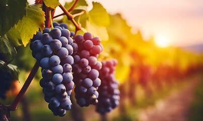 Blue grapes in a vineyard at sunset, toned image - obrazy, fototapety, plakaty