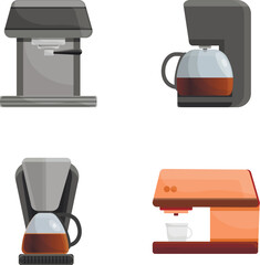 Cafe equipment icons set cartoon vector. New coffee machine. Coffee maker