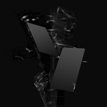 Two black blank bank card or greeting cards mockup for branding text or advertising, design fly on black monochrome background in glowing white light effect with swirl, smooth trails for black friday.