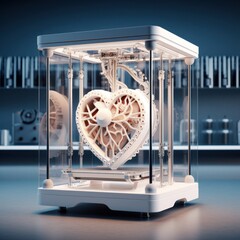 Obraz na płótnie Canvas a sophisticated 3D printer producing a detailed white heart model, indicating advanced manufacturing technology.