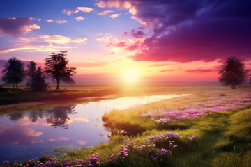 Fototapeta na wymiar A Serene Sunrise over a Peaceful Easter Morning Land