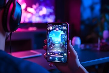  realistic photo of a gamer playing a mobile game using phone