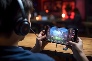  realistic photo of a gamer playing a mobile game using phone