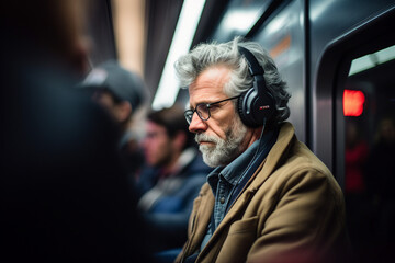 Dreamy handsome man in headphones listening to music while riding in train generative ai