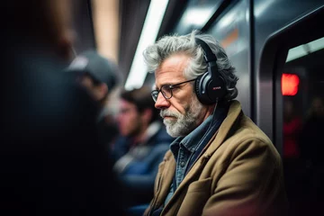 Poster Dreamy handsome man in headphones listening to music while riding in train generative ai © Tetiana