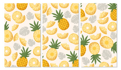 Set of pineapple backgrounds. Summer tropical fruit vector illustration in cartoon flat style. For banner, poster, flyer, stories, cover