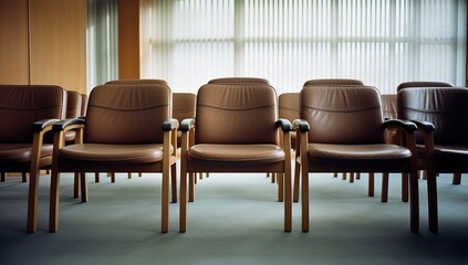 Rows of brown leather chairs in a conference hall or seminar room