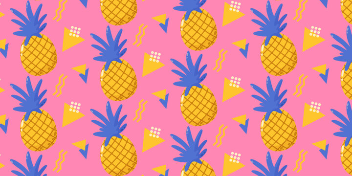 Abstract pineapple seamless pattern, geometric shapes. Summer tropical fruit vector illustration on isolated background for paper, cover, fabric, gift wrap, notebook, bed linen