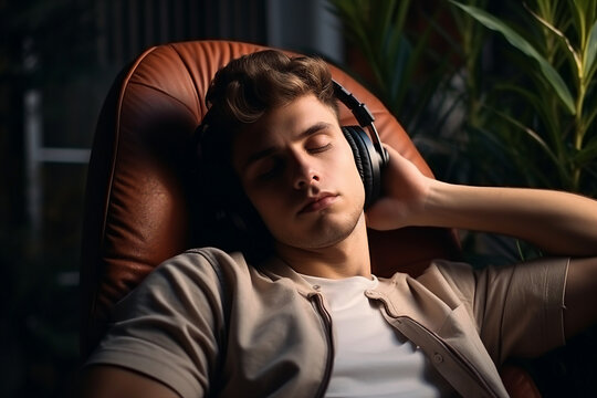 AI generated image of relaxed dreamy man in headphones listening to music song in apartment