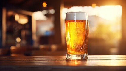 Glass of beer on wooden table in pub, closeup. Space for text