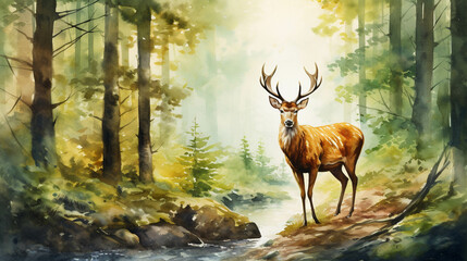 Watercolor deer background picture, picture used for decoration. - obrazy, fototapety, plakaty