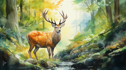 Watercolor deer background picture, picture used for decoration.