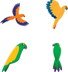 Tropical parrot icons set cartoon vector. Exotic bird. Jungle and tropical forest wildlife