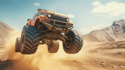 monster truck jumping with big wheels on the sand in the desert - obrazy, fototapety, plakaty