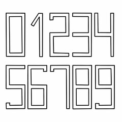Rectangular capital outline black digits numbers font from 0 to 9 font collection. Vector illustration in doodle hand drawn style isolated on white background. For design, logo, sales.