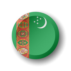 Turkmenistan flag - 3D circle button with dropped shadow. Vector icon.