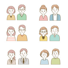 ネガティブ：イラスト素材セット：悩み困った表情で正面を向く若い男女夫婦、パートナー（バストアップ/主線あり）
