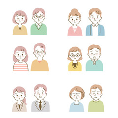 ネガティブ：イラスト素材セット：悩み困った表情で正面を向く若い男女夫婦、パートナー（バストアップ/手描き線）
