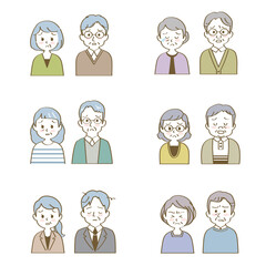 ネガティブ：イラスト素材セット：悩み困った表情で正面を向いたシニア男女夫婦、パートナー（バストアップ/主線あり）
