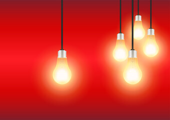 Light Bulbs with Glowing Lamps on Red Background. Decorative Light Bulbs for Christmas Background. Vector Illustration. 