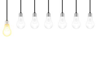 Light Bulbs with Glowing Lamps on White Background. Decorative Light Bulbs. Vector Illustration. 