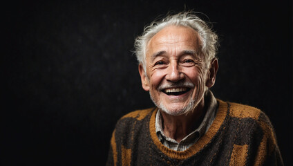 a old man is feeling very cheerful isolated on black background - obrazy, fototapety, plakaty
