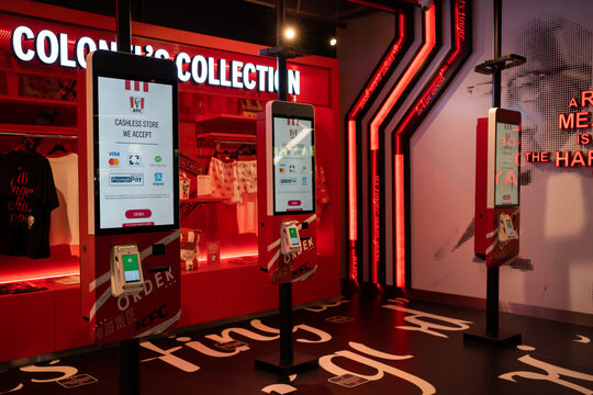 BANGKOK, THAILAND - AUG 11, 2022: KFC store with self ordering kioks in Siam Center, Bangkok