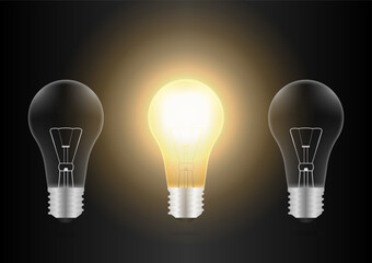 Light Bulbs with Glowing Lamps on Dark Background. Decorative Light Bulbs. Vector Illustration. 