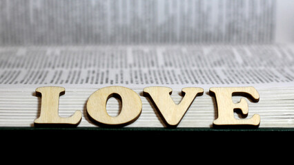 The word love made of wooden English letters and a book