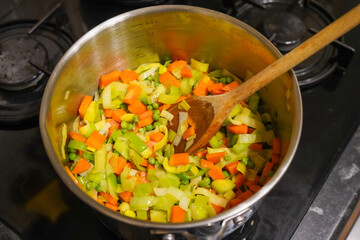 Fresh healthy vegetables  cooking in a metal pan