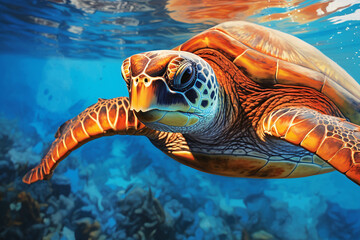 Fototapeta premium Image of a sea turtle swimming in the sea.