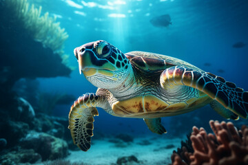 Fototapeta premium Image of a sea turtle swimming in the sea.