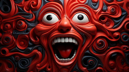 Obraz premium A grotesque red face mask. Large teeth and ugly. Large white eyes. Red and grey colour.