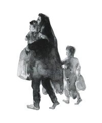 Painting family, arabian woman, girl and boy. Refugees concept. Watercolor silhouettes of mother and children. Hand drawn illustration isolated on white background - 696391406